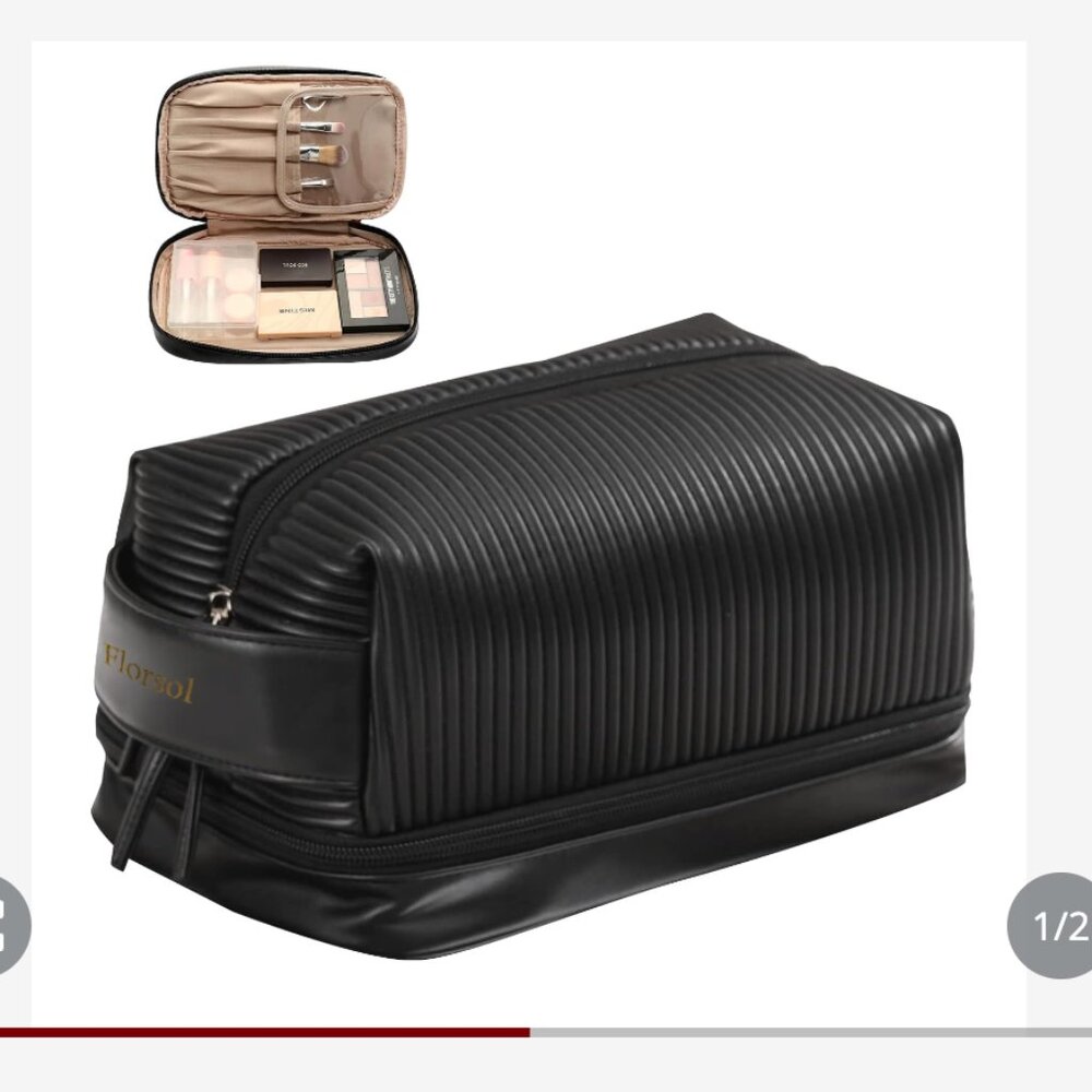 Cosmetic Travel bag Double Layer Makeup bag with brush organizer NEW BLACK